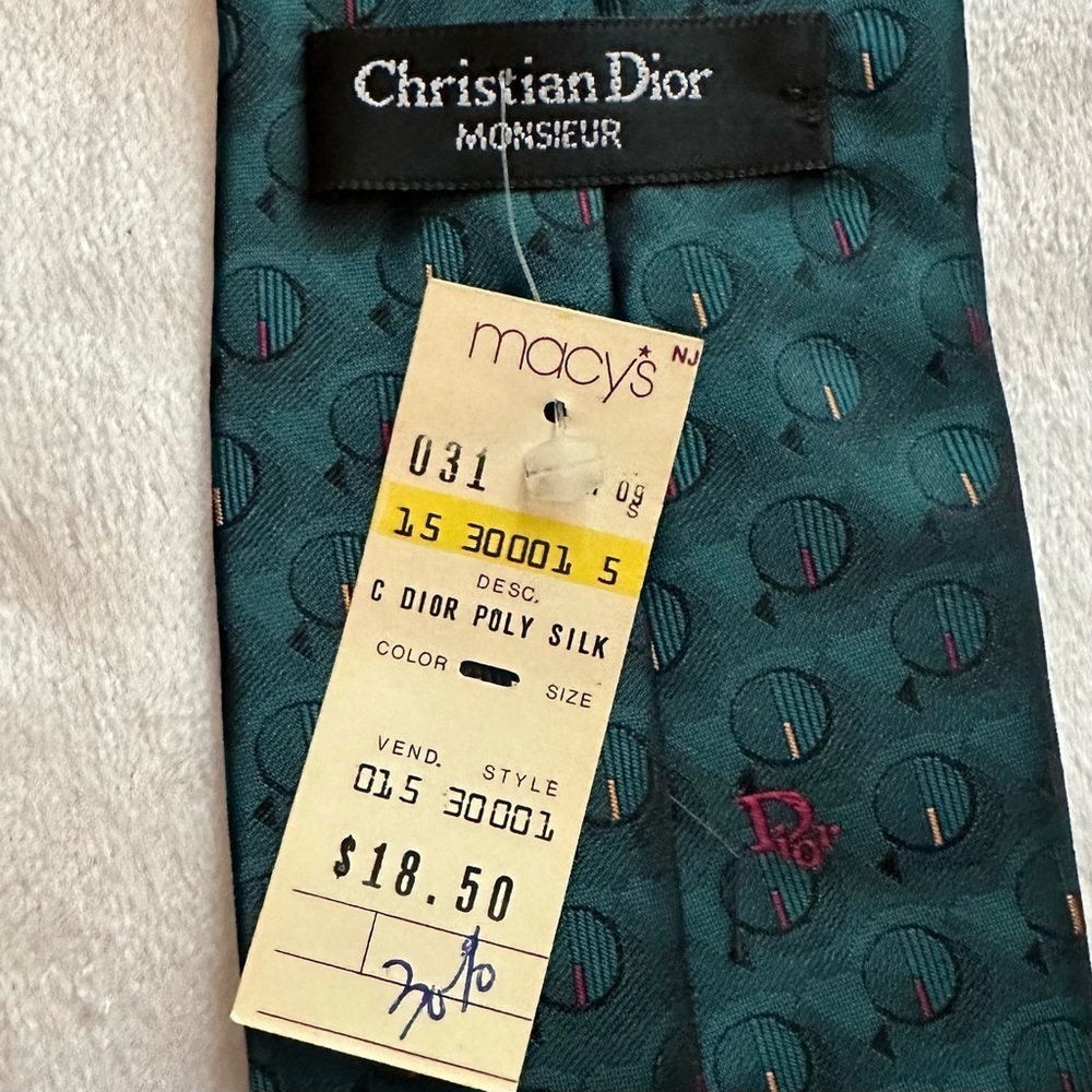 Vintage Christian Dior Monsieur Poly Silk Mens Neck Tie Teal Green Circles NWT - Picture 5 of 7